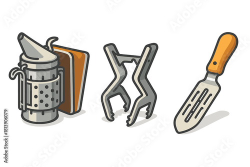 Essential beekeeping tools set featuring a smoker, hive frame grip, and scraper
