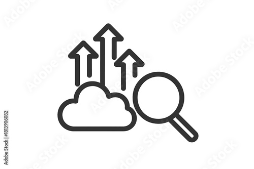 Magnifying glass searching cloud data with rising arrows indicating upload and growth