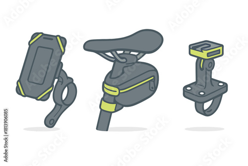 Essential bicycle accessories set including phone holder, saddle bag, and action camera mount