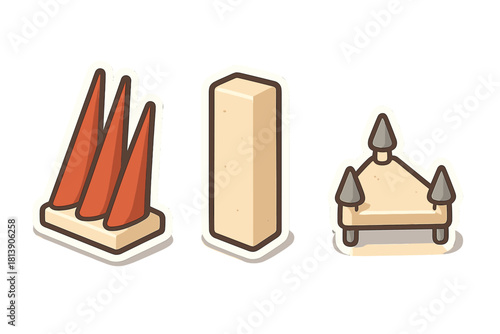 Set of three stylized game assets featuring defensive spikes and a rectangular block
