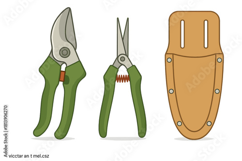 Set of gardening tools including bypass pruners, trimming snips, and a protective leather sheath