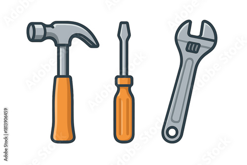 Essential hand tools set including a claw hammer, flathead screwdriver, and adjustable wrench