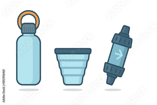 Essential outdoor gear for hydration featuring a reusable water bottle, collapsible cup, and portable filter