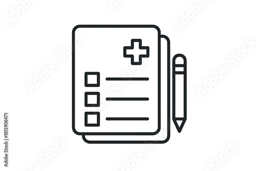 Minimalist outline icon of a medical checklist document with a cross symbol and a pencil