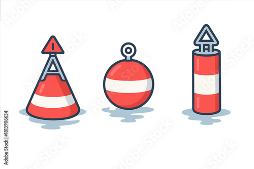 Set of red and white striped navigational buoys used for water safety and channel marking