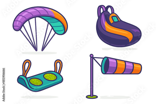 Colorful paragliding and skydiving equipment icons set with canopy, harness, backpack, and windsock