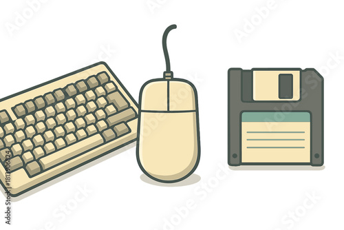 Vintage computer peripherals keyboard mouse and floppy disk on white background