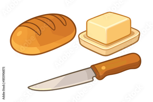 Simple meal ingredients featuring a loaf of bread, butter block, and wooden knife