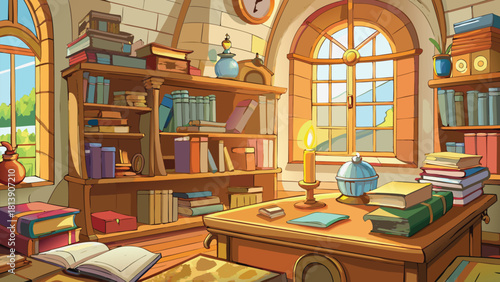 Vintage style cartoon study room with wooden shelve vector illustration ai generated art