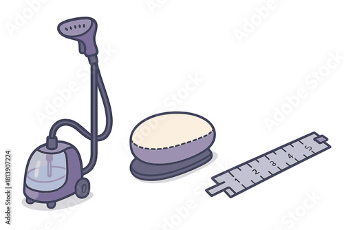 Professional garment care and tailoring equipment set with steamer, pressing cushion, and ruler