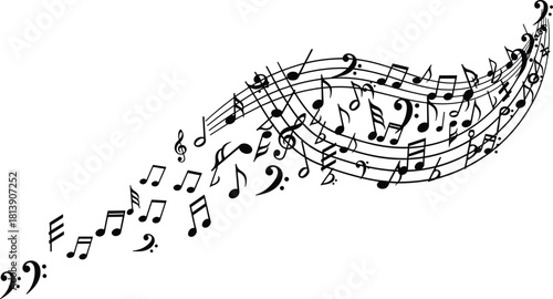 Abstract music background with flowing black notes and stave, melody wave silhouette, classical song composition, isolated vector illustration.