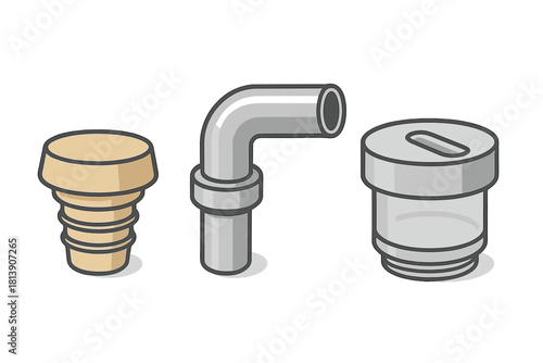 Isometric collection of industrial fittings, metal pipe, wooden stopper, and clear vial