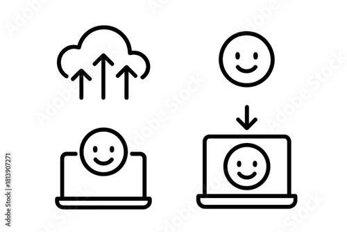 Cloud computing data upload and download process with happy user icons