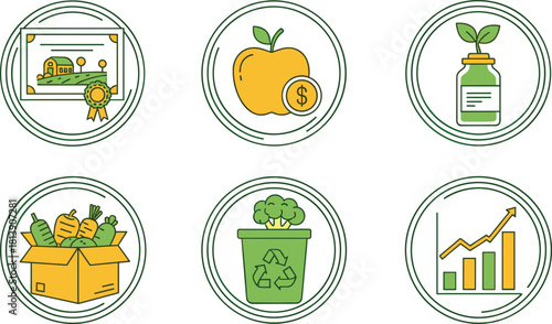 Agriculture business icons set, organic farming symbols, food economy signs, sustainable market growth vector illustration, green eco badge collection.