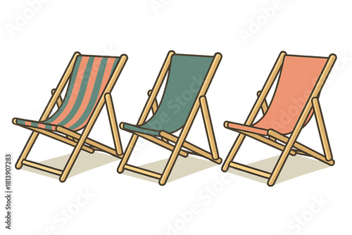 Three colorful wooden deck chairs ready for summer relaxation and beach vacation