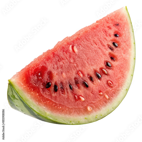 A vibrant slice of watermelon showcasing its juicy red flesh and dark seeds, highlighting its refreshing appeal.
