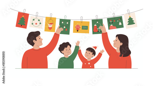 Festive Family Moment: A heartwarming scene unfolds as a family joyfully decorates with holiday cards, capturing the essence of togetherness and anticipation for the season.