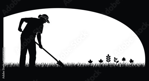 Silhouette of gardener digging ground with shovel in grass field, person planting flowers, black vector illustration isolated on white background, gardening nature concept