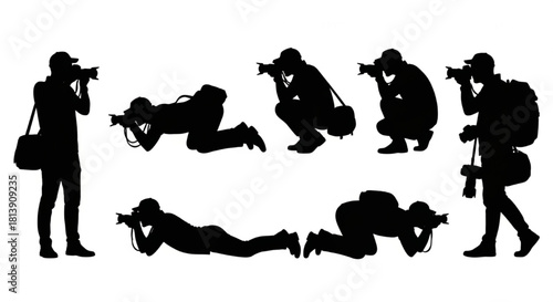 Photographer Silhouette Vector Showing Sequential Camera Actions — Standing, Crouching, Lying, Walking with Gear

