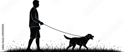 Silhouette of man leading dog on leash through grass field, black vector illustration isolated on white background, happy pet owner outdoor concept
