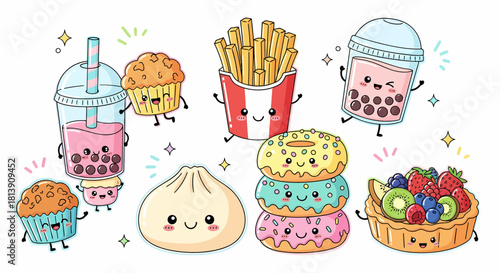 A delightful set of kawaii food illustrations featuring smiling donuts, bubble tea, french fries, and muffins in a charming cartoon style