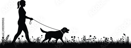 Silhouette of woman walking dog on leash in flower grass field, black vector illustration isolated on white background, summer nature outdoor activity