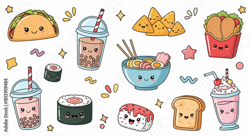 A delightful collection of cute kawaii doodle food and drink characters. This set features smiling international cuisine like ramen, sushi, and tacos