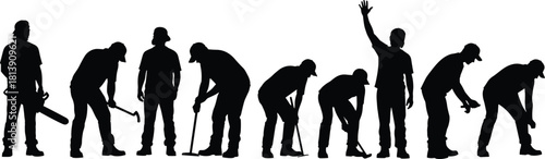 Vector silhouette of construction workers holding tools, black illustration of men working together, building team isolated on white background, manual labor concept.