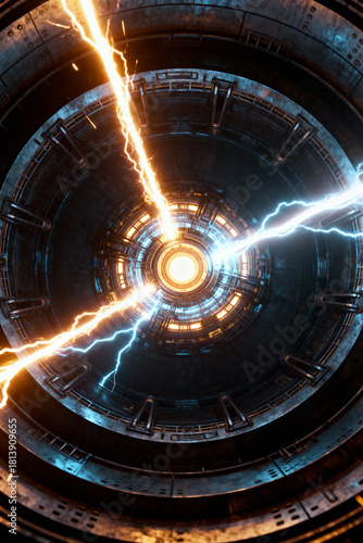 Futuristic energy reactor glowing at the center of a dark metallic chamber.
