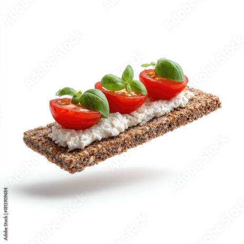 Crispy cracker topped with creamy spread, cherry tomatoes, and fresh basil