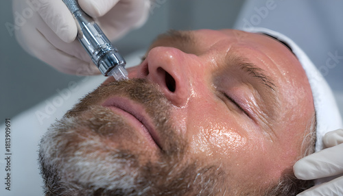Man undergoing a non-invasive laser facial treatment to improve skin texture, reduce pores, and promote collagen regeneration for anti-aging and dermatological purposes