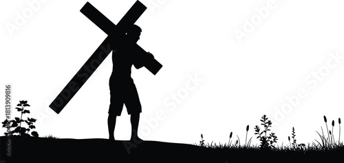 Vector silhouette of Jesus Christ carrying heavy cross on shoulder, religious black illustration of passion, isolated on white background with grass field.