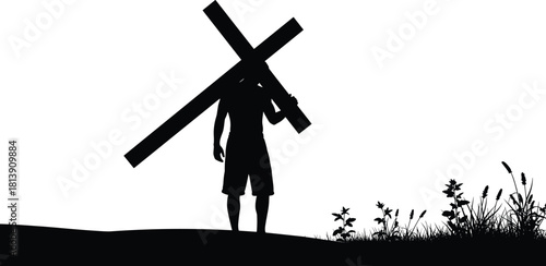 Vector silhouette of Jesus Christ carrying the heavy cross on his shoulder, religious black illustration representing passion, isolated on white background with grass.