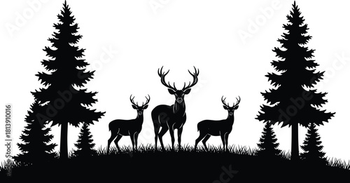 Black silhouette of three deer bucks with antlers in pine forest, wildlife nature landscape, hunting vector illustration, white background.