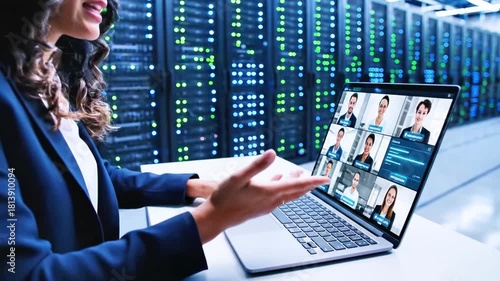 Businessperson in server room on video conference call via laptop. Technology & communication