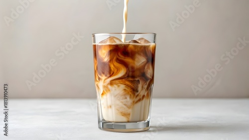 Crystal Glass Of Iced Coffee With Milk Swirling Mid Pour Capturing Refreshing Beverage Art In Motion Cool Summer Drink And Elegant Coffee Aesthetic With Creamy Texture