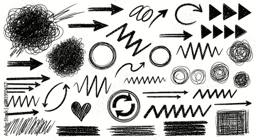 Hand drawn arrows and scribbles collection black ink marks on white background