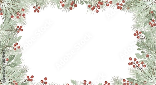 Festive frame with pine branches and red berries on a white background.