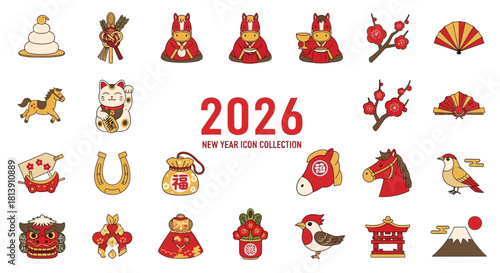 Japanese new year 2026 zodiac signs and lucky charms illustration set
