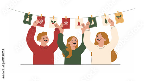 Festive Garland: Three individuals decorate a space with a festive garland of Christmas cards, their faces lit up with the joy of the holiday season and shared activities.