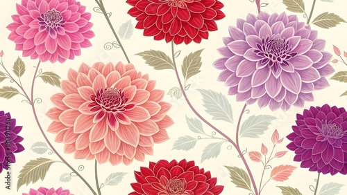Elegant floral pattern with vibrant dahlias and delicate leaves, perfect for adding a touch of botanical beauty to your designs and creative projects.