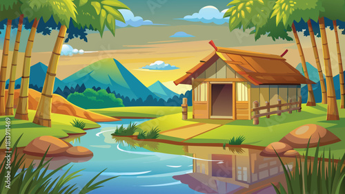 Warm evening light spreading across an Asian village under an orange sunset sky vector illustration ai generated art