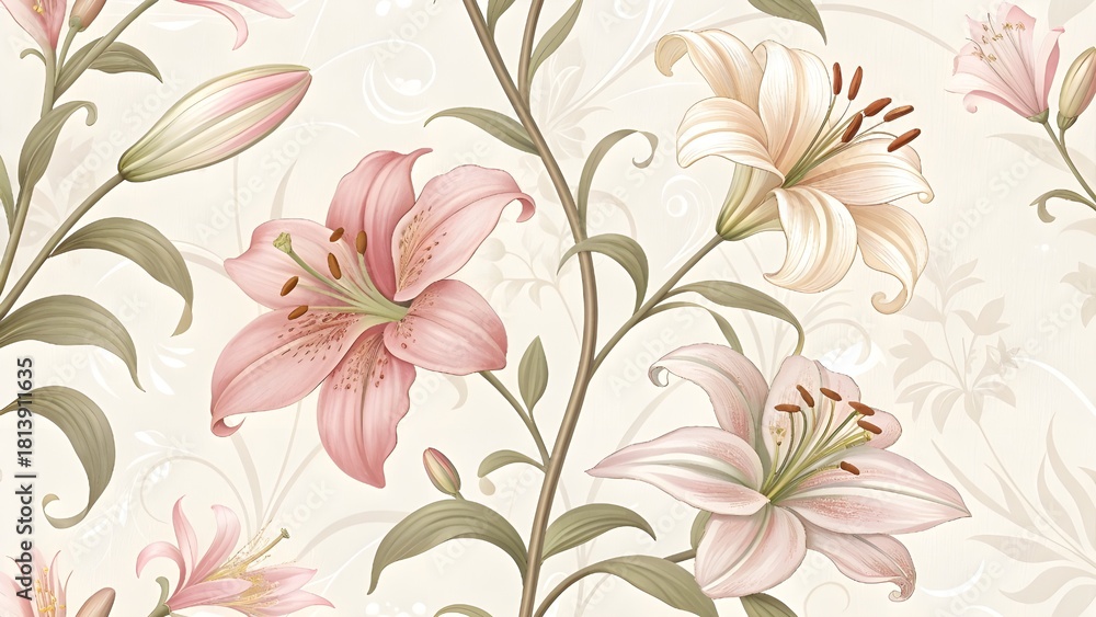 Obraz premium Elegant floral pattern with pink lilies and soft foliage for sophisticated designs and stylish backgrounds, perfect for invitations and wedding themes