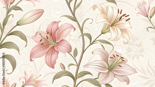 Elegant floral pattern with pink lilies and soft foliage for sophisticated designs and stylish backgrounds, perfect for invitations and wedding themes