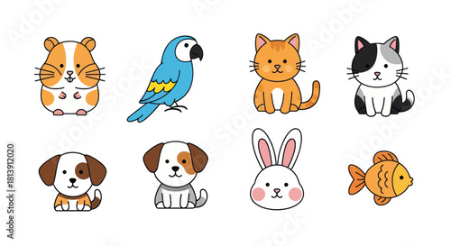 Collection of cartoon animals in a row for educational and design purposes