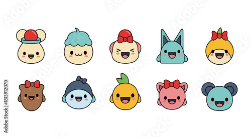 Collection of cartoon character faces in a row expressing happiness