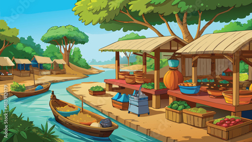 Silent village marketplace scene with a lone food stall in the corner vector illustration ai generated art