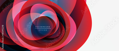 Abstract floral design. Concentric circles, vibrant reds, blues, whites create dynamic visual effect. Modern background element.