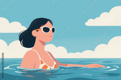 Vector illustration of a person swimming in calm water under a clear sky with white clouds.