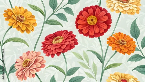 Elegant floral pattern with vibrant zinnias and soft foliage creates a beautiful and cheerful botanical aesthetic perfect for spring designs